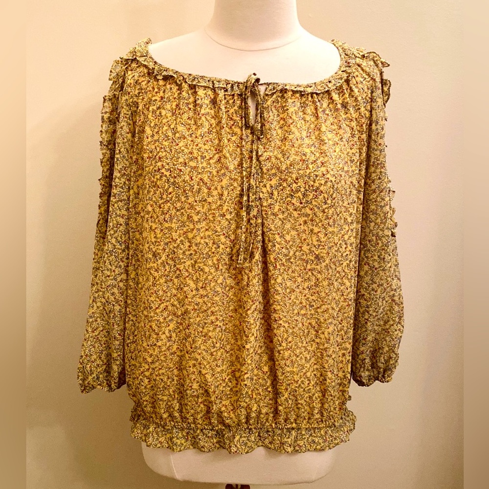Max Studio Yellow Floral XL Boho Cottagecore Prairie Ruffled Cold Shoulder Top